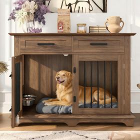 44.48" Large Dog Crate Furniture, Indoor Wooden Dog Kennel End Table with 2 Storage Drawers and Rotating Bowls (title: default title)